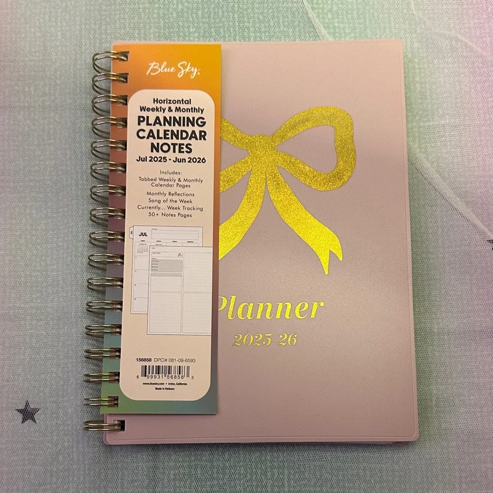 Blue Sky Pink Planner with Gold Bow Accent